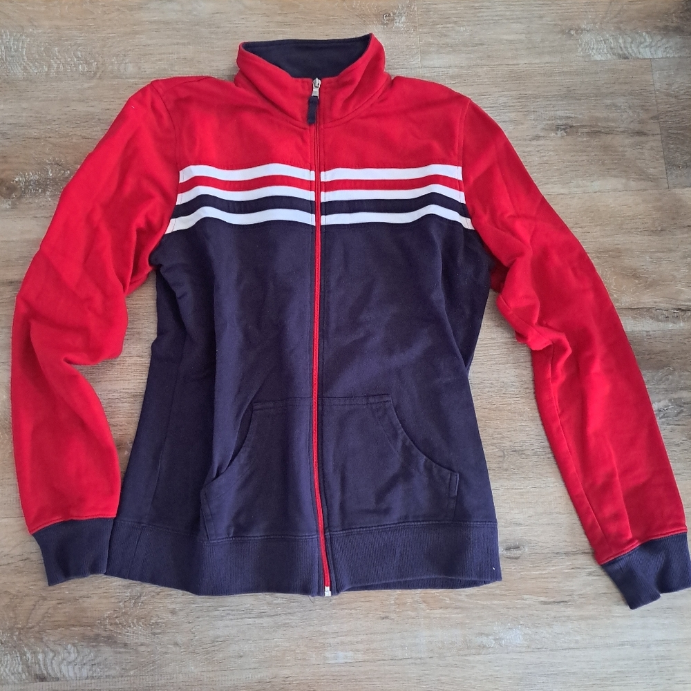 Vintage SJB Active Red Blue White Striped Zip-up Jacket Ribbed Activewear Medium